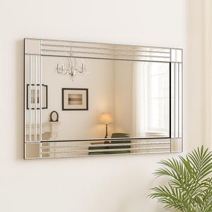 Large Art Deco Triple Glass Framed Wall Mirror with Square Corners 120cm x 80cm