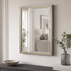 May include: A rectangular wall mirror featuring a dual-tone frame with a silver outer border and a gold inner border. The glass surface is clear and reflective, showing a room interior with a lamp and a window, mounted on a light wall.