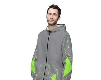 Men Windbreaker Jacket: Stylish Gray & Green Geometric Accents