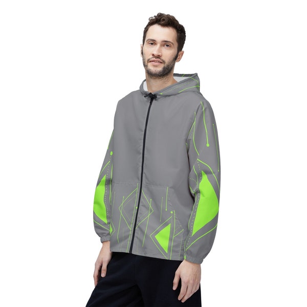 GeoTech Wind Jacket for Men: Sleek Gray with Vibrant Green Accents. Best Lightweight Hooded Windbreaker for Nature Lover!