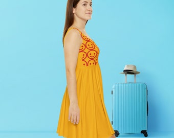 Yellow Geometric Print Skater Dress: Wrinkle-Free Travel Outfit for Stylish Ladies