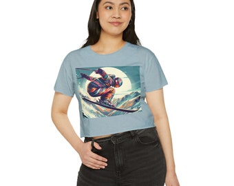 Festival-Ready Crop Top: Retro Skier Graphic Tee for Women | Stylish & Comfortable Cinched Waist Top