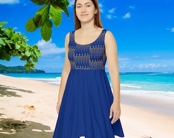 Blue Polka Dot Travel Summer Dress: Wrinkle-Resistant Midi Sundress