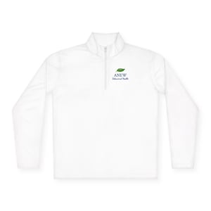May include: White long-sleeved pullover with a quarter-zip collar. The shirt features the text "ANEW Behavioral Health" in green and blue on the upper chest. The pullover is made of a smooth, lightweight material.