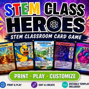 Könnte beinhalten: Ein farbenfrohes STEM-Klassenzimmer-Kartenspiel mit dem Titel "STEM CLASS HEROES". Das Spiel zeigt Karten mit Illustrationen eines Erdbebens, einer Ente, erneuerbarer Energien, Echoortung und eines Herzens. Die Karten haben Statistiken und Fähigkeitsbeschreibungen.