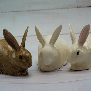 Könnte beinhalten: Drei Keramik-Hasenfiguren. Eine ist braun, eine ist weiß mit rosa Ohren und eine ist weiß. Die Hasen sitzen auf einer weißen Holzoberfläche.