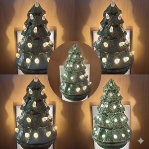 Mini árbol de Navidad de cerámica con luz nocturna / Verde invierno con luces blancas / Decoración navideña de estilo vintage / Interruptor de encendido/apagado automático / Hecho a mano en EE. UU.