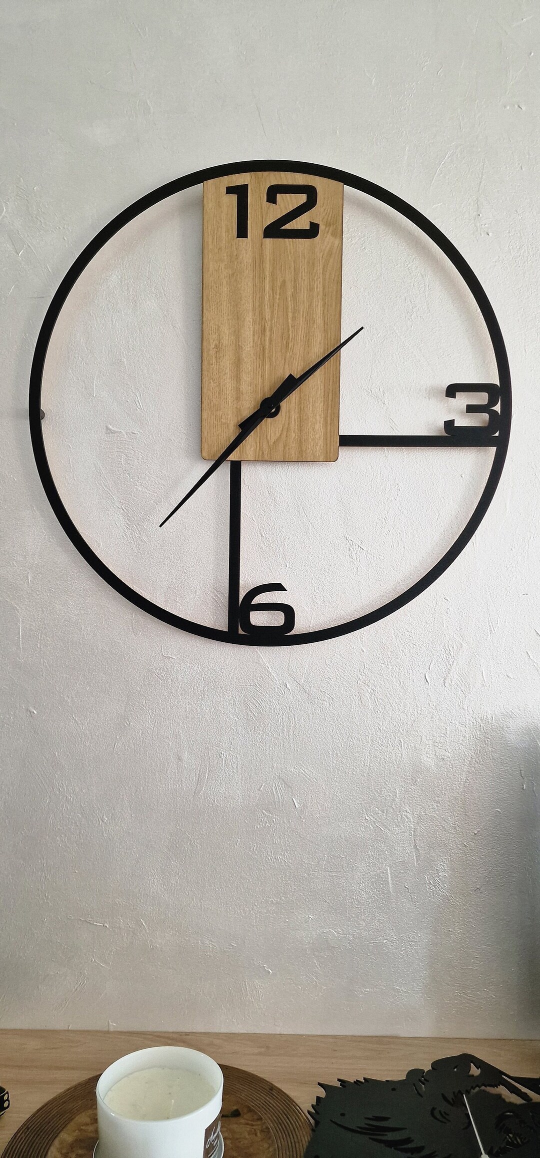 Large Wall Clock Black Loft Oak Wood 65 Cm Black Long Etsy UK