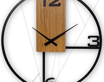 Grande horloge murale noire + bois de chêne loft 70 cm, aiguilles longues noires, mécanisme d'horloge silencieux