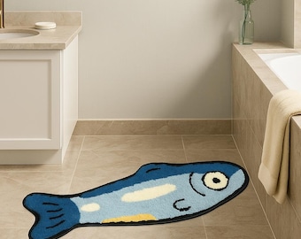 Alfombra de baño con diseño de pez azul – Alfombra plana moderna estampada para baño, decoración costera para el hogar, adorable alfombra antideslizante con forma de pez