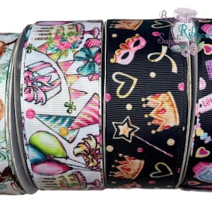 May include: Four rolls of colorful patterned ribbon. The ribbons feature designs of sloths, birthday party decorations, crowns, and roller skates.