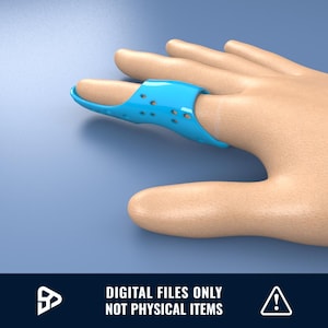 May include: A blue plastic finger splint with holes for ventilation. The splint is on a hand, but the hand is not visible.