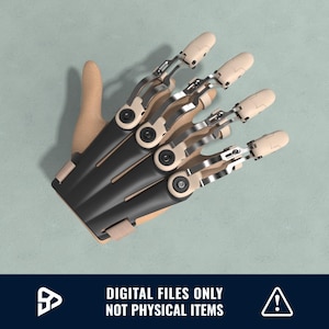 May include: A 3D printed robotic hand with a black and beige color scheme. The hand is made of plastic and metal and has five fingers. The fingers are articulated and can be moved independently.