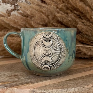 Handmade ceramic magic Zodiac signs mug, Moon and Sun Cosmic tea pot, Bohemian Moon phase tumbler, cottagecore witchy celestian cofee cup