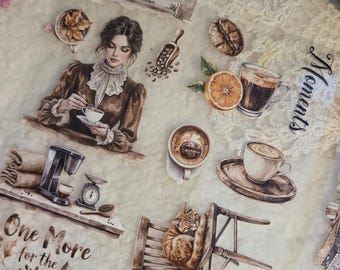 May include: A collage of watercolor illustrations featuring coffee-themed elements. Includes a cafe, coffee cups, a woman, a cat, and the text "One More for the Road" and "Coffee Love Language".
