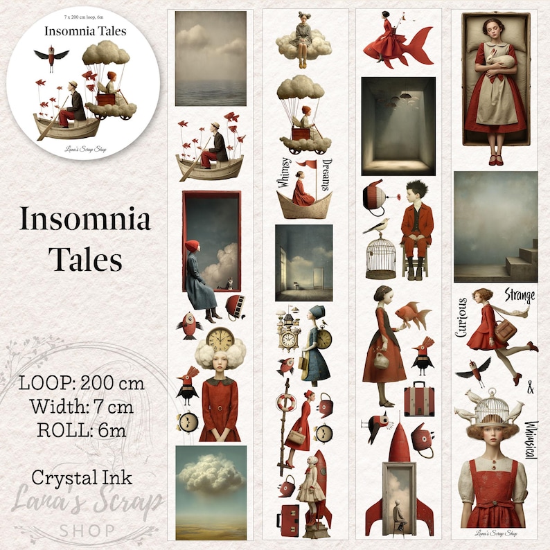 May include: Decorative paper tape roll featuring whimsical illustrations with the text "Insomnia Tales." The tape is 7 cm wide and 200 cm in loop length. The design includes images of people, clouds, and surreal elements.