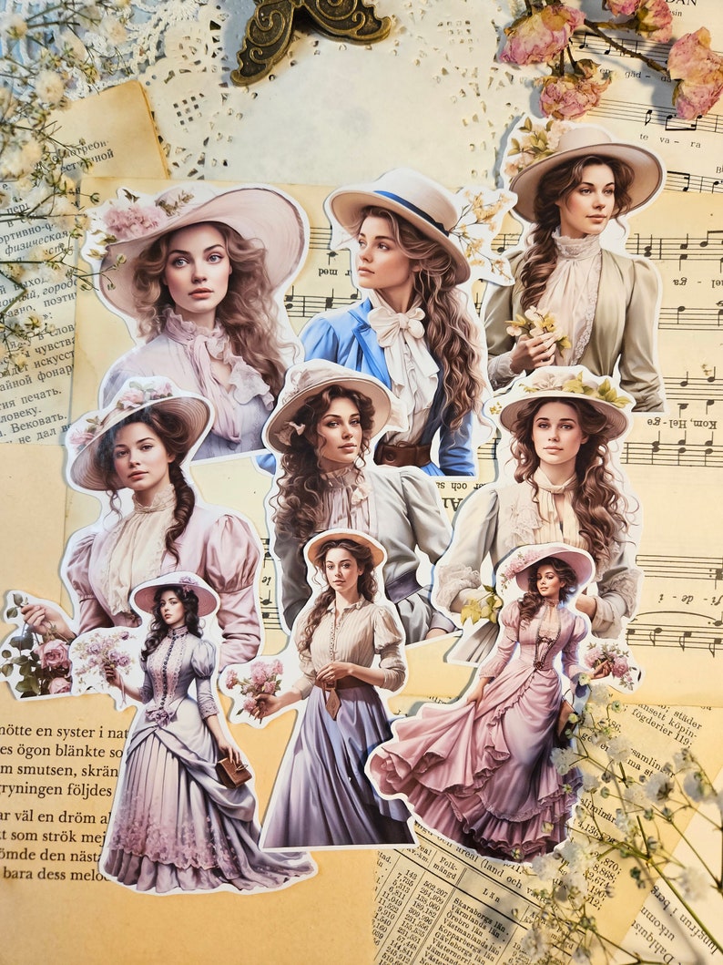 VINTAGE SERIE: Spring Victorian Girls Set of 9 Stickers Scrapbooking ...