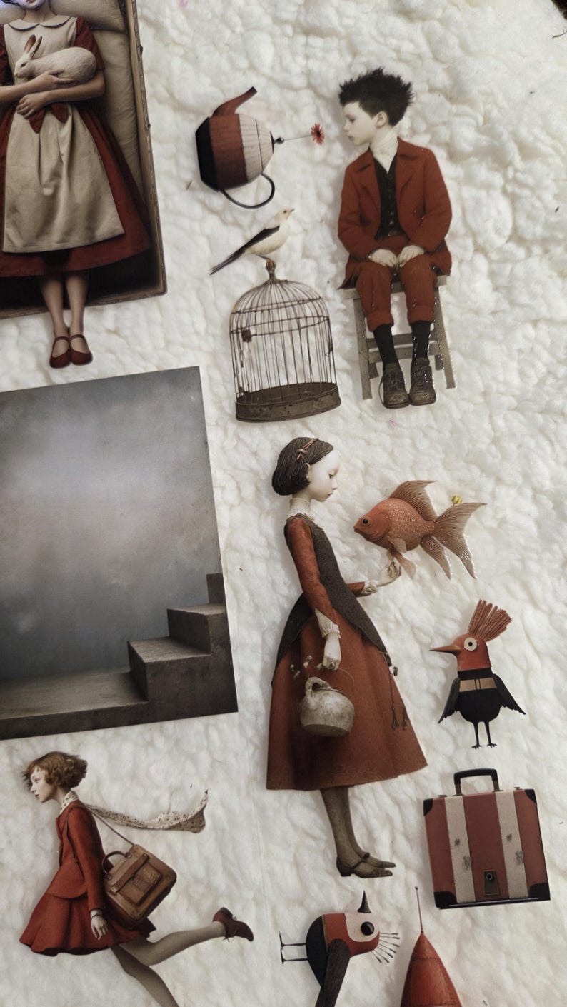 PET tape for journaling and scrapbooking featuring a girl with a goldfish, a boy in a red suit, a bird in a cage, and a suitcase. The figures are in shades of red, brown, and beige, set against a white background.