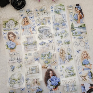 Prado de hortensias azules, tinta Crystal Ink, cinta PET, 7 cm de ancho / Scrapbooking, tarjetas, Art Journaling, manualidades de papel, Junk Journal
