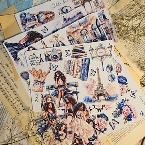 Salut, Paris! Foglio di adesivi / • Scrapbooking • Creazione di biglietti • Art Journaling • Artigianato di carta • Junk Journal