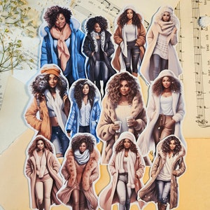 SERIE AFRO: Set di 12 adesivi per la moda invernale delle ragazze nere / • Scrapbooking • Creazione di biglietti • Art Journaling • Artigianato di carta • Junk Journal