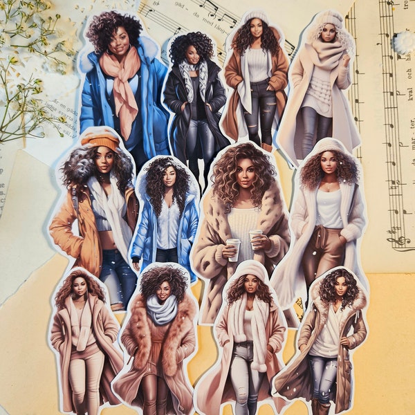 AFRO SERIE: Black Girls Winter Fashion Set of 12 Stickers | • Scrapbooking • Card Making • Art Journaling • Paper Craft • Junk Journal