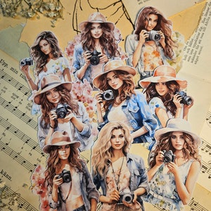 Filles printanières avec appareil photo, lot de 9 autocollants | • Scrapbooking • Fabrication de cartes • Journalisation d'œuvres d'art • Créations papier • Journal de bordel