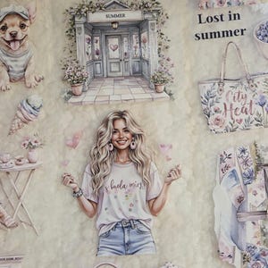 May include: A collage of watercolor illustrations featuring summer themes. Includes a woman in a t-shirt with text, a dog, ice cream, a building with the word "Summer", a tote bag with "City Heat", and a handbag with "City Life".