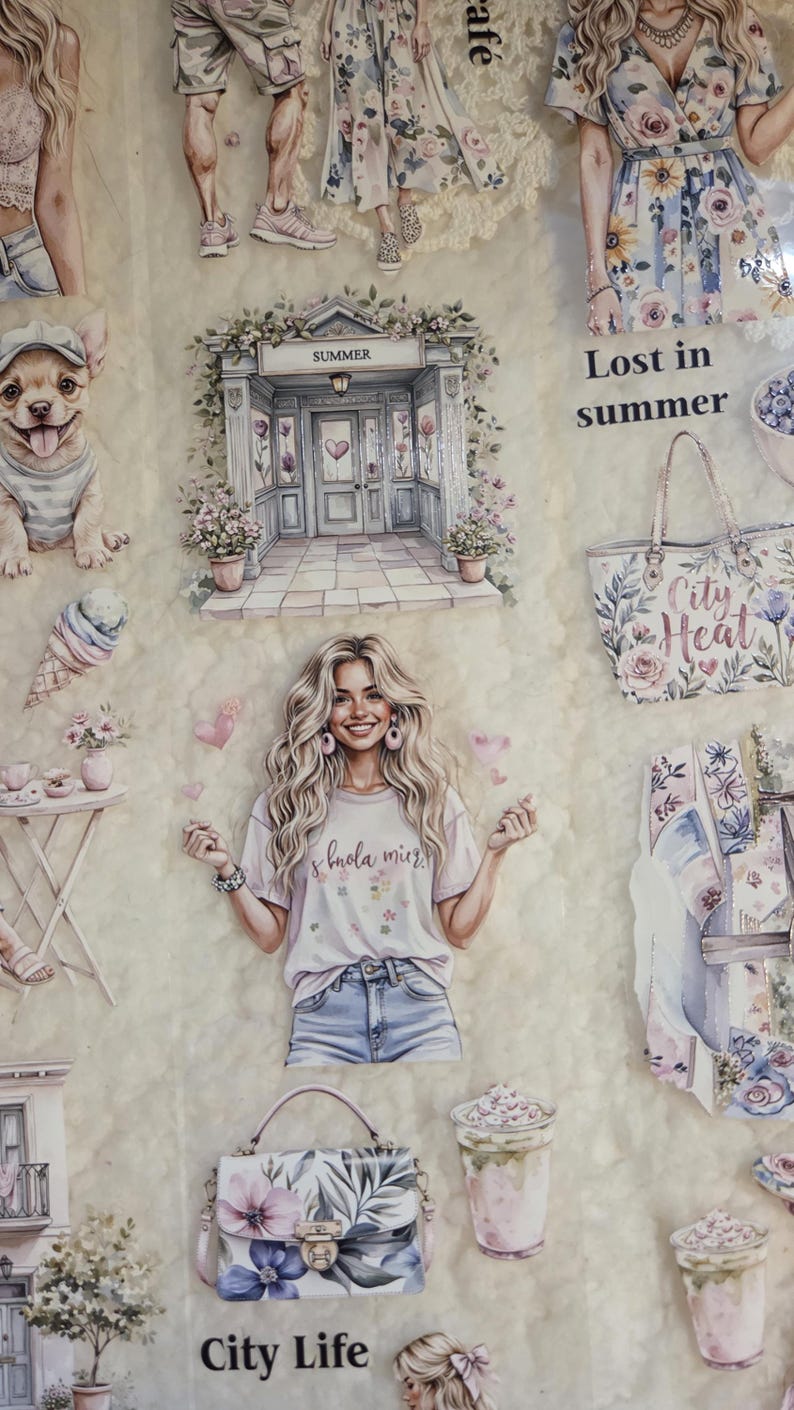 May include: A collage of watercolor illustrations featuring summer themes. Includes a woman in a t-shirt with text, a dog, ice cream, a building with the word "Summer", a tote bag with "City Heat", and a handbag with "City Life".