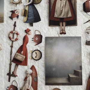 May include: A collage of whimsical illustrations featuring figures in vintage clothing, clocks, a rocket, and a woman holding a rabbit. The color palette includes red, blue, and beige, with a dreamlike quality.
