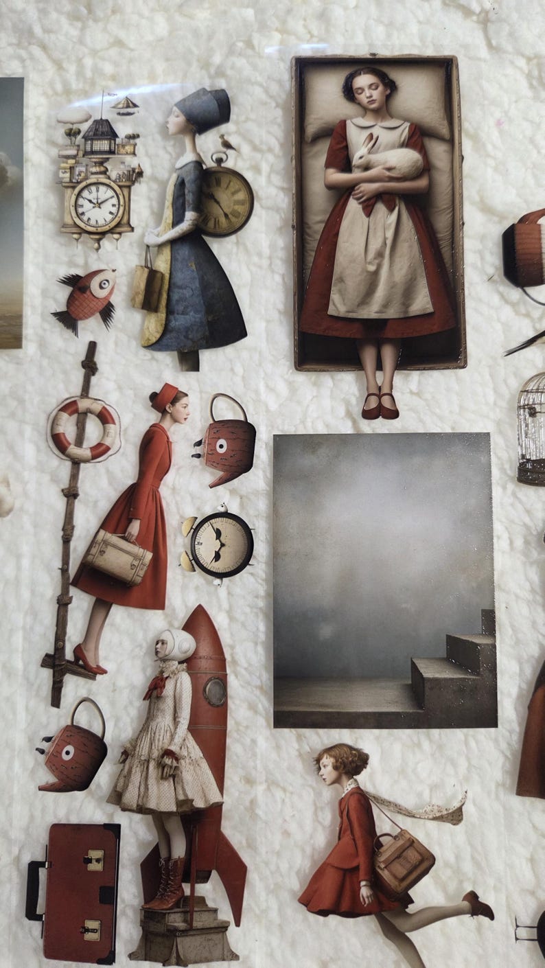 May include: A collage of whimsical illustrations featuring figures in vintage clothing, clocks, a rocket, and a woman holding a rabbit. The color palette includes red, blue, and beige, with a dreamlike quality.