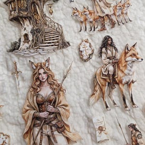 May include: Fantasy-themed paper cutouts featuring illustrations of women with fox ears, foxes, a treehouse, and text that reads "Born of flame" and "Hearts of flame". The color palette includes shades of brown, beige, and cream.