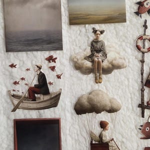 PET tape for journaling and scrapbooking include a person rowing a boat with red fish, a person seated on a cloud, and a person in a cloud-powered vehicle. The colour palette is muted, with shades of grey, brown, and red.