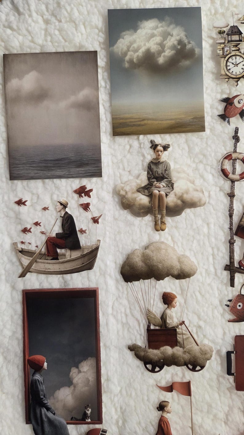 PET tape for journaling and scrapbooking include a person rowing a boat with red fish, a person seated on a cloud, and a person in a cloud-powered vehicle. The colour palette is muted, with shades of grey, brown, and red.