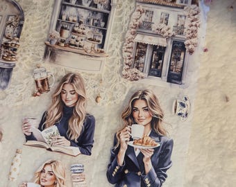May include: Decorative stickers featuring illustrations of women enjoying coffee and pastries, alongside images of cafes and coffee-related items. The stickers have a vintage aesthetic with soft colors and detailed artwork.