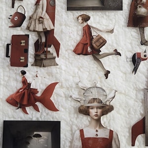 PET tape for journaling and scrapbooking featuring figures in red dresses, a rocket, a clock, and a woman with a birdcage hat. The text "Lana's Scrap Shop" is visible. The overall theme is surreal and artistic.