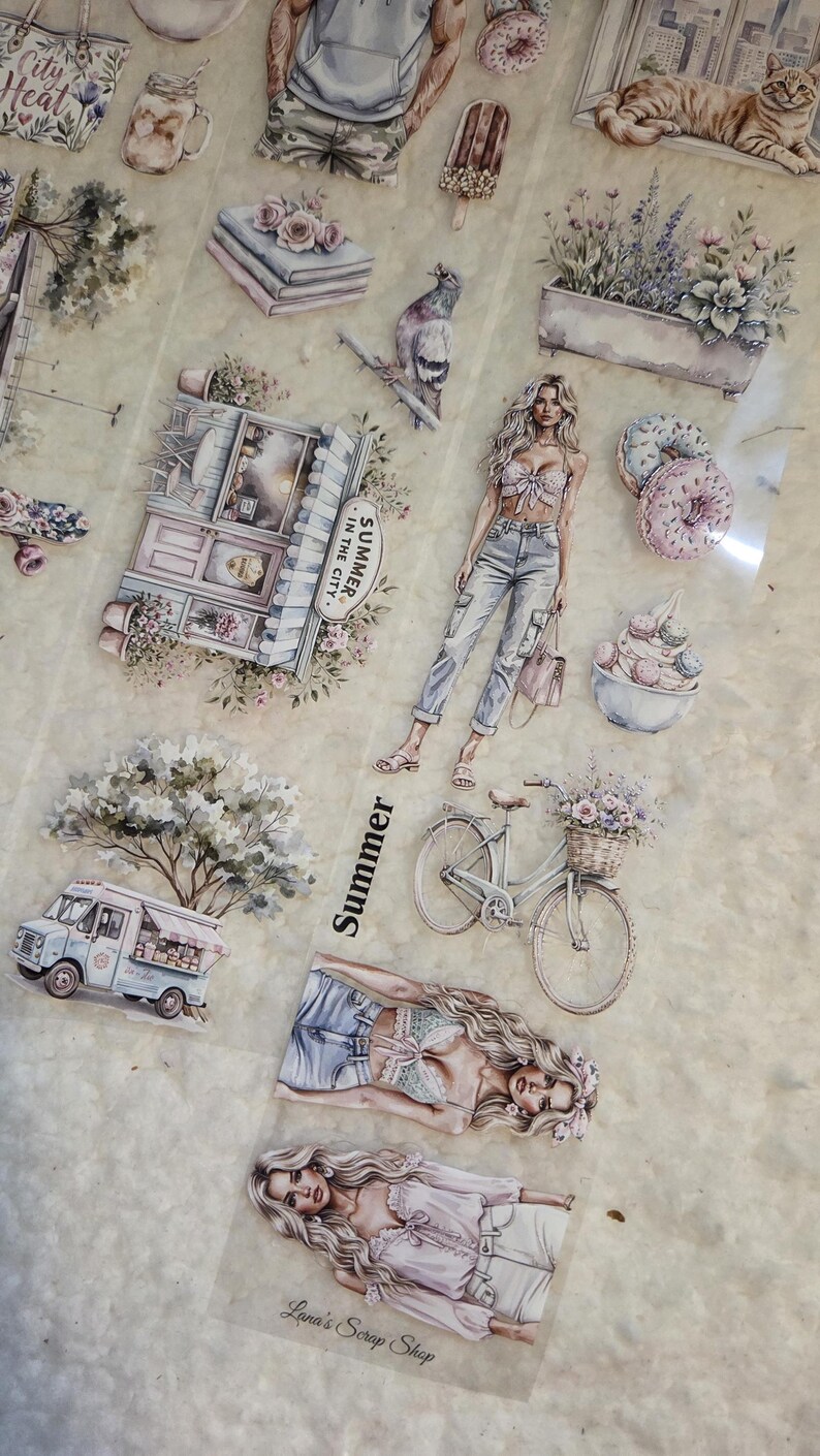 May include: A collection of decorative stickers featuring watercolor illustrations. The stickers depict summer scenes, including a bicycle with a flower basket, a food truck, and fashion illustrations of women. The text "Summer" is visible.