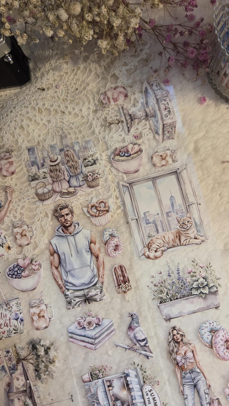 May include: A collection of decorative stickers featuring watercolor illustrations. The stickers depict various scenes, including a picnic, a cat by a window, and food items like donuts and ice cream. The color palette includes soft pastels and detailed artwork.