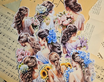 Flower Girls Set of 9 Stickers | • Scrapbooking • Card Making • Art Journaling • Paper Craft • Junk Journal