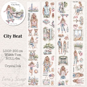 May include: Decorative washi tape roll featuring watercolor illustrations with a city theme. The tape includes images of people, buildings, and food. The text "City Heat" and "Lost in Summer" are visible. The loop is 200 cm, width 7 cm, and roll 6m.