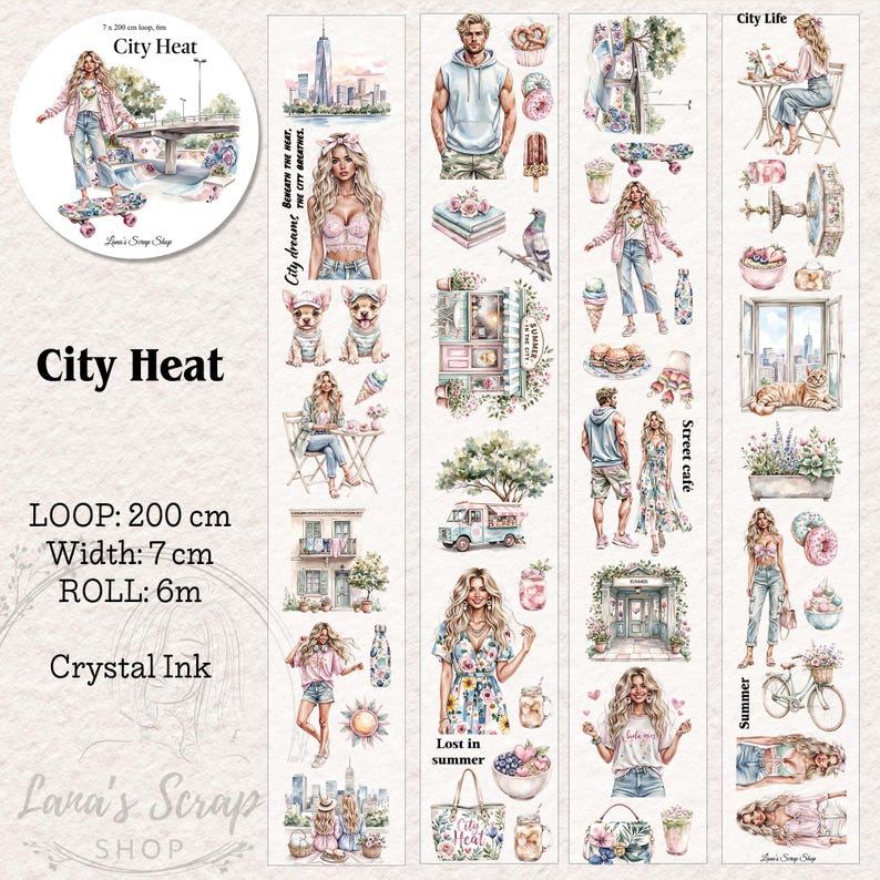 May include: Decorative washi tape roll featuring watercolor illustrations with a city theme. The tape includes images of people, buildings, and food. The text "City Heat" and "Lost in Summer" are visible. The loop is 200 cm, width 7 cm, and roll 6m.