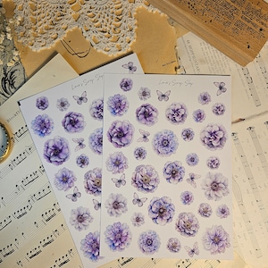 Foglio di adesivi con fiori viola / • Scrapbooking • Creazione di biglietti • Art Journaling • Artigianato di carta • Junk Journal