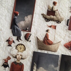 May include: A collection of whimsical paper cutouts featuring surreal imagery. Includes figures in boats, a cloud-borne carriage, and a woman in a red dress. Other cutouts include a clock, fish, and a bird. The color palette is muted with shades of red, gray, and beige.