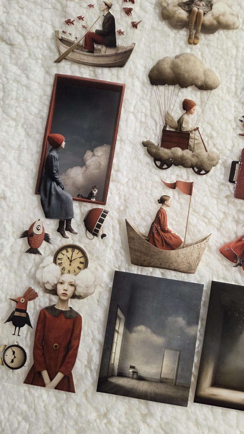 May include: A collection of whimsical paper cutouts featuring surreal imagery. Includes figures in boats, a cloud-borne carriage, and a woman in a red dress. Other cutouts include a clock, fish, and a bird. The color palette is muted with shades of red, gray, and beige.