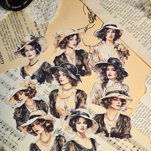 VINTAGE SERIE: vintage damesset van 9 stickers | • Scrapbooking • Kaarten maken • Artjournaling • Papierkunst • Junkjournaal
