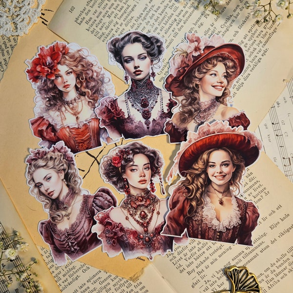 VINTAGE SERIE: Burgundy Baroque LadiesSet of 6 Stickers | • Scrapbooking • Card Making • Art Journaling • Paper Craft • Junk Journal