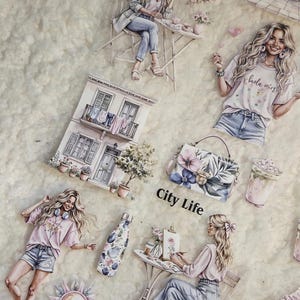May include: A collage of illustrations with a city life theme. The images include women, dogs, buildings, and accessories. The text "City Life" is visible. The color palette is soft, with pastel shades of pink, blue, and beige.