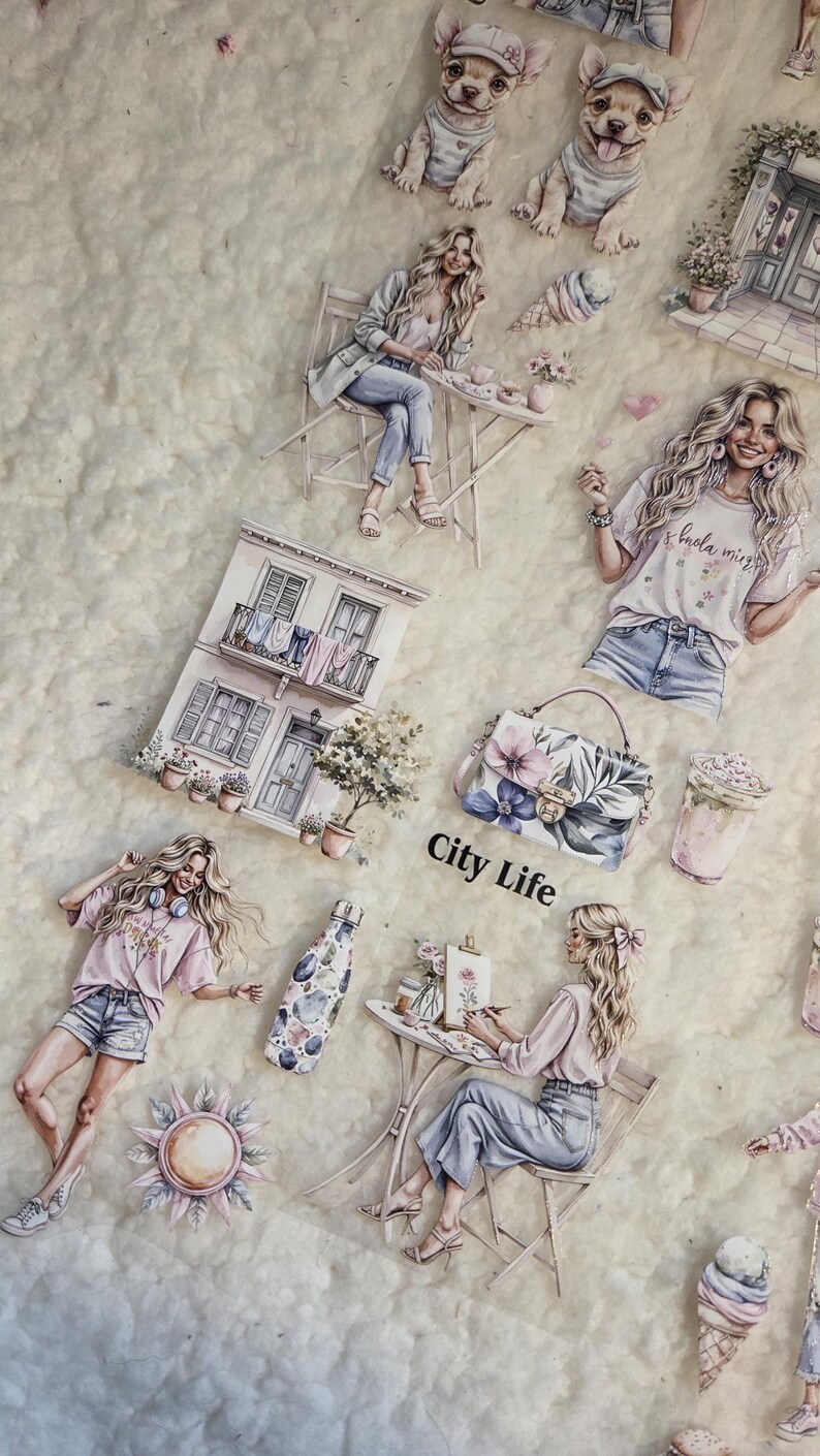 May include: A collage of illustrations with a city life theme. The images include women, dogs, buildings, and accessories. The text "City Life" is visible. The color palette is soft, with pastel shades of pink, blue, and beige.