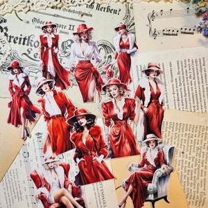Serie Vintage: Retro Ladies in Red, set di 10 adesivi / • Scrapbooking • Creazione di biglietti • Art Journaling • Artigianato di carta • Junk Journal