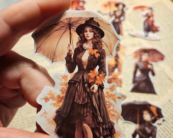 Autumn Victorian Woman Set of 9 Stickers | • Scrapbooking • Card Making • Art Journaling • Paper Craft • Junk Journal